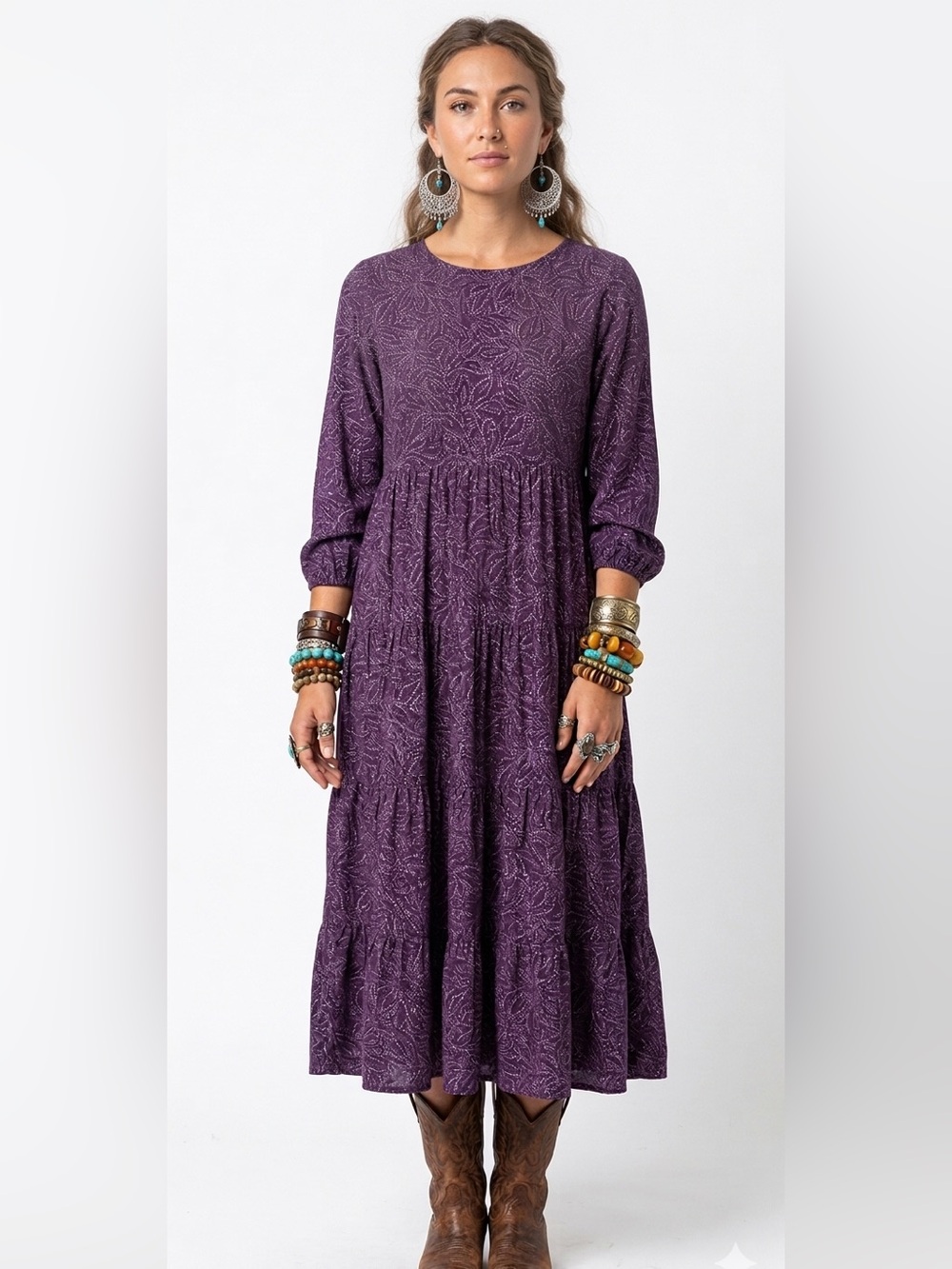 J. Jill Tiered Purple Plum Paisley Long Sleeve Midi Dress